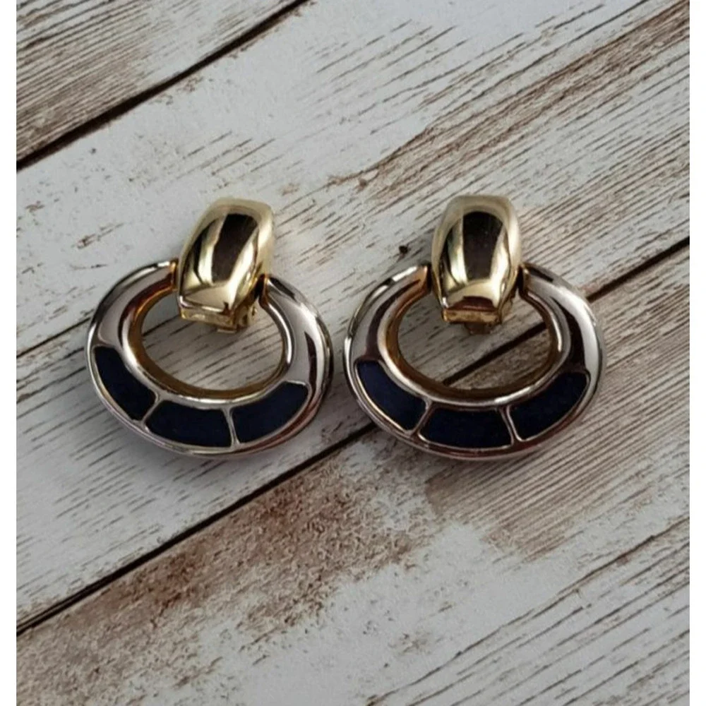 Vintage Clip On Earrings Inlayed Blue Dangle